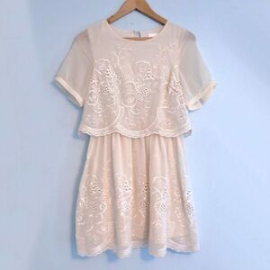 Moon Mini Dress Cream Embroidered Eyelet Floral Cottage Twee Coquette Small